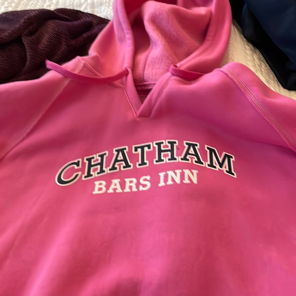 Pink hooded sweatshirt.
